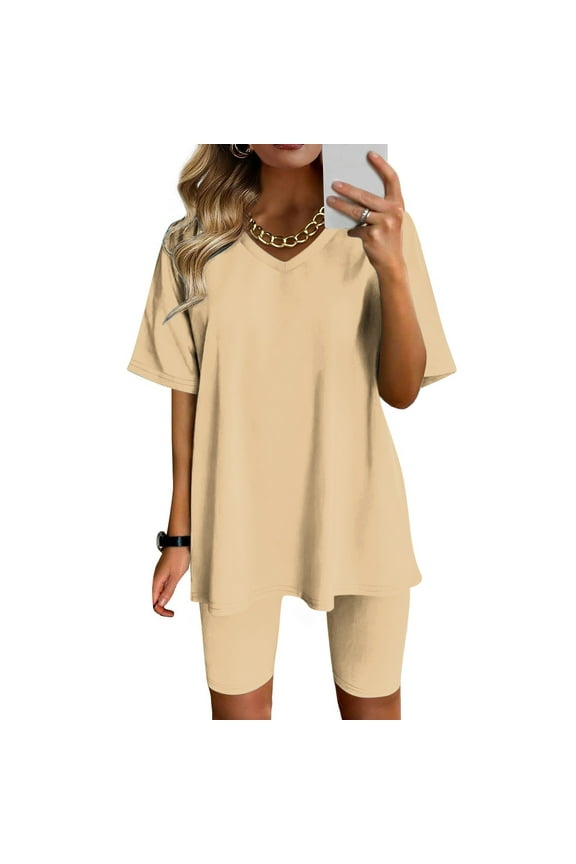 Fsshion 2 Piece of Sets for Womens Summer Plus Size V-Neck Blouse Short Sleeve Tops Shorts Casual Suit Sets