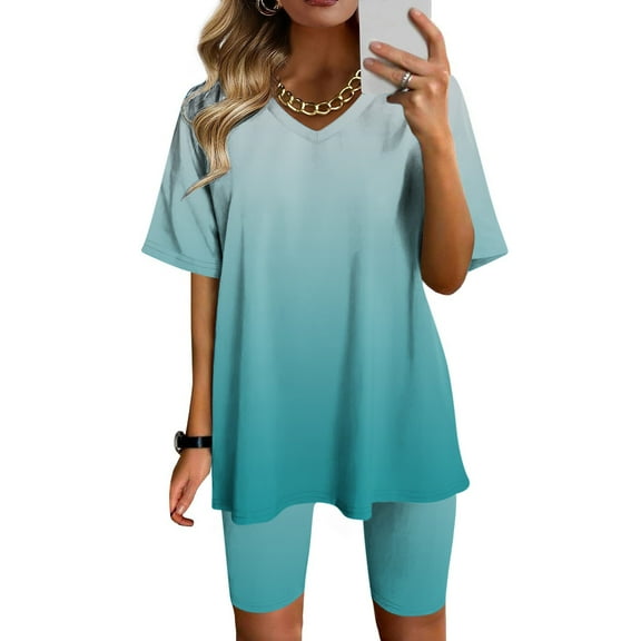 Fsshion 2 Piece of Sets for Womens Summer Plus Size V-Neck Blouse Short Sleeve Tops Shorts Casual Suit Sets