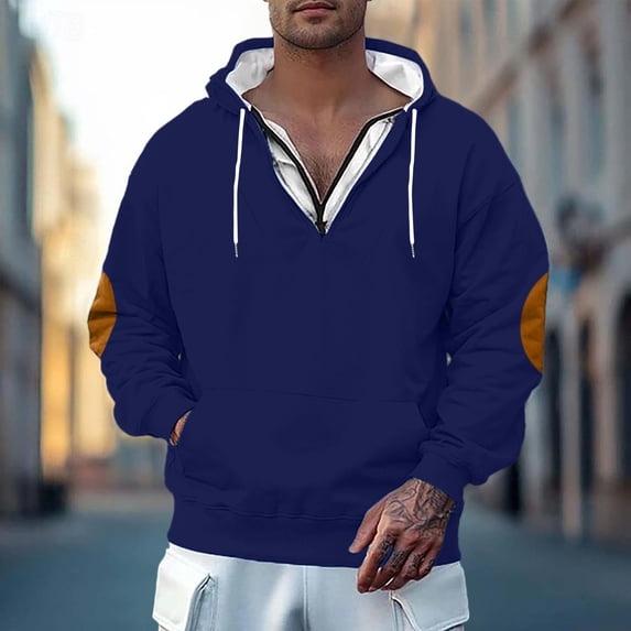 Up to 65% off Hoodies for MenEssentials Hoodie Men's Casual Sports Loose Hoodie With Drawstring Quarter Zipper Pullover Men's Hoodie,Blue,XL