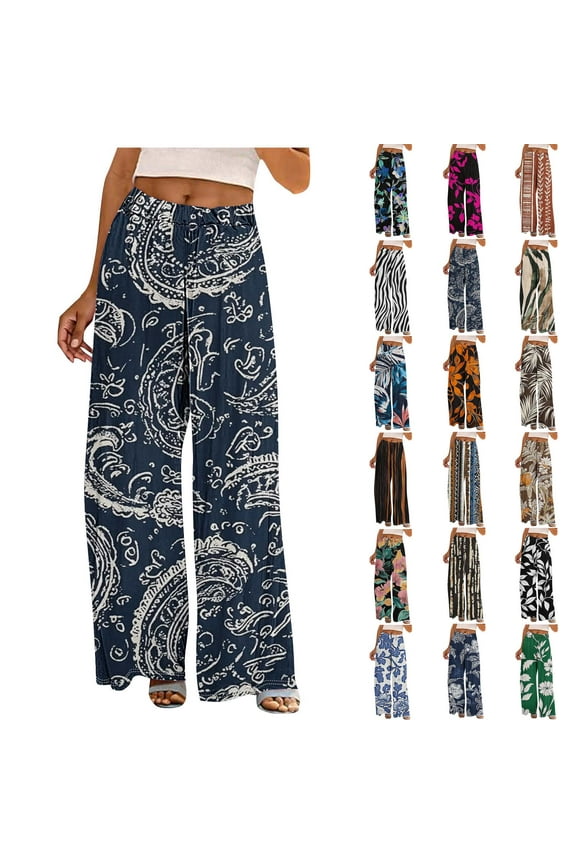 Boho Pants for Women Elastic Waist Floral Print Trousers Pants Casual Loose Lounge Pants with Pockets XL