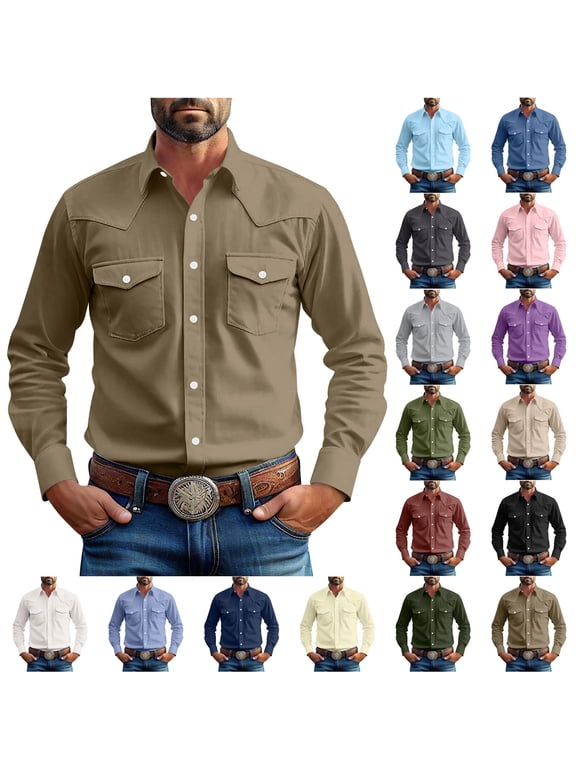 Mens Long Sleeve Button Down Shirts Solid Color with Pockets Dress Shirts Casual Work Button Down Shirt L