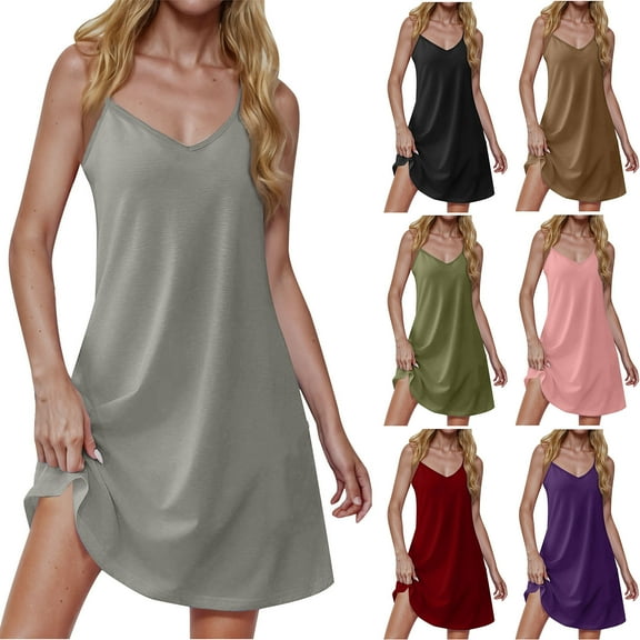 Horkkom Summer Dresses for Women Spaghetti Strap V Neck Mini Dresses Casual Solid Color Vacation Cami Beach Dress
