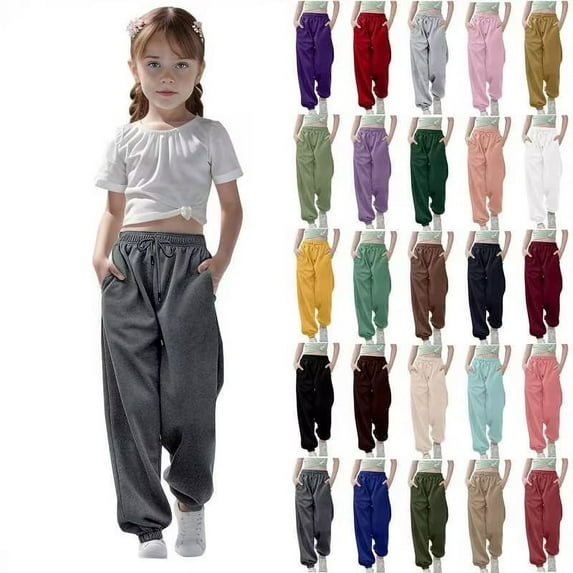 Horkkom Sweatpants for Girls Solid Color Stretch Waist Joggers Casual Athletic Workout Sweat Pants with Pocket Drawstring