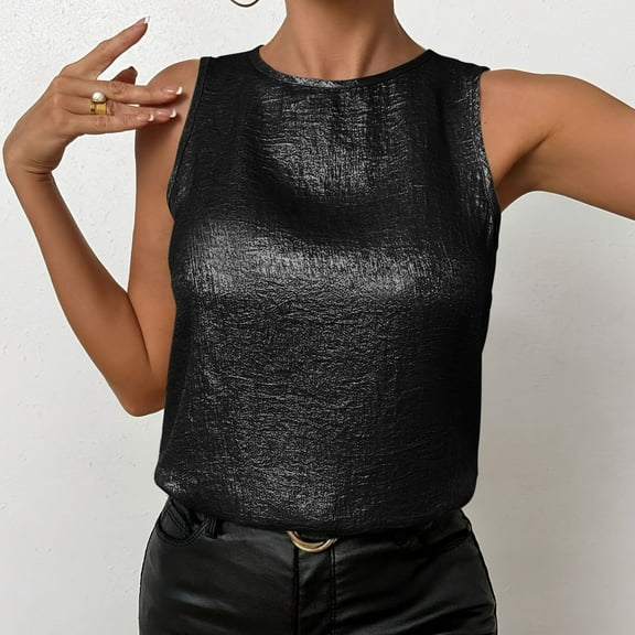 Horkkom Womens Silk Satin Tank Tops Casual Sleeveless Blouses Summer Crew Neck Basic Tank Shirt