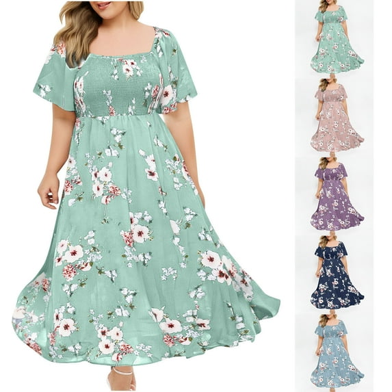 Up to 65% off! Kmdttou Plus Size Women's Dresses Boho Floral Printed Square Neck Party Short Sleeve Summer Casual Dress