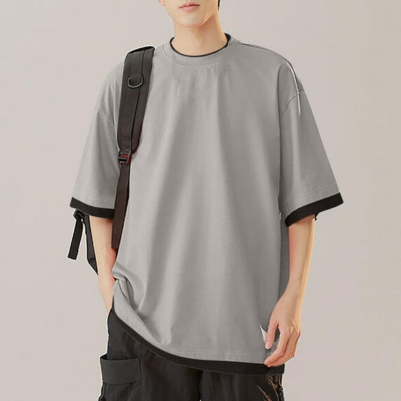 Up to 65% off Mens T-shirts Large, Men's Solid Color Casual Fake Two Piece Short Sleeved Round Neck Shirts