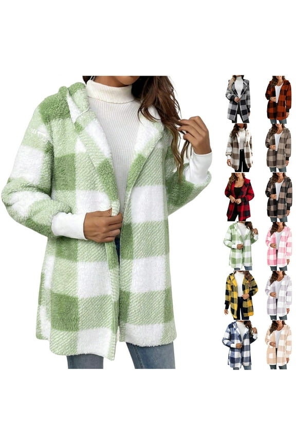 Up to 65% off!New Fleece Plaid Jackets for Womens Plus Size Fashion Hooded Jacket Long Sleeved Plush Loose Cardigan Coat