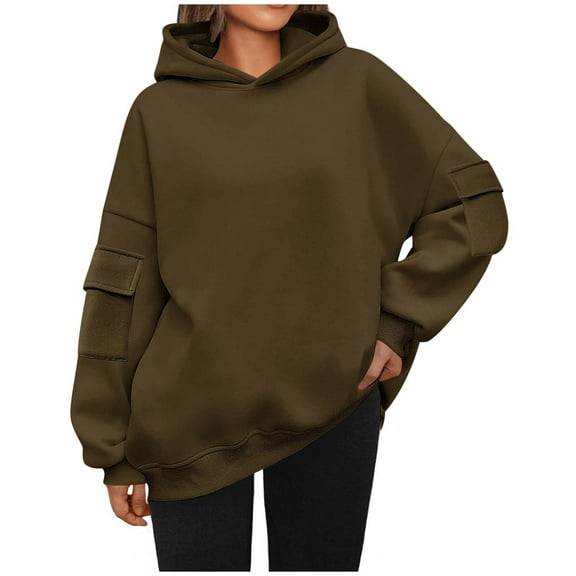 Oversize Hoodies for Women Pullover Fashion Solid Color Long Sleeved Pocket Loose Hooded Top Sweatshirt