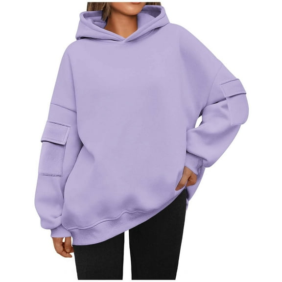Oversize Hoodies for Women Pullover Fashion Solid Color Long Sleeved Pocket Loose Hooded Top Sweatshirt