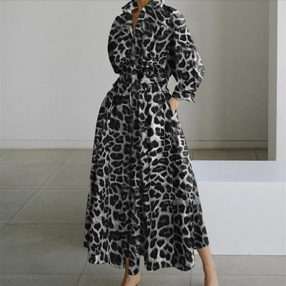 Pitauce Dresses for Women Leopard Printed Temperament Lapel Collar Lantern Long Sleeve Shirt Dress Loose Fit Flowy Hem Formal Dress