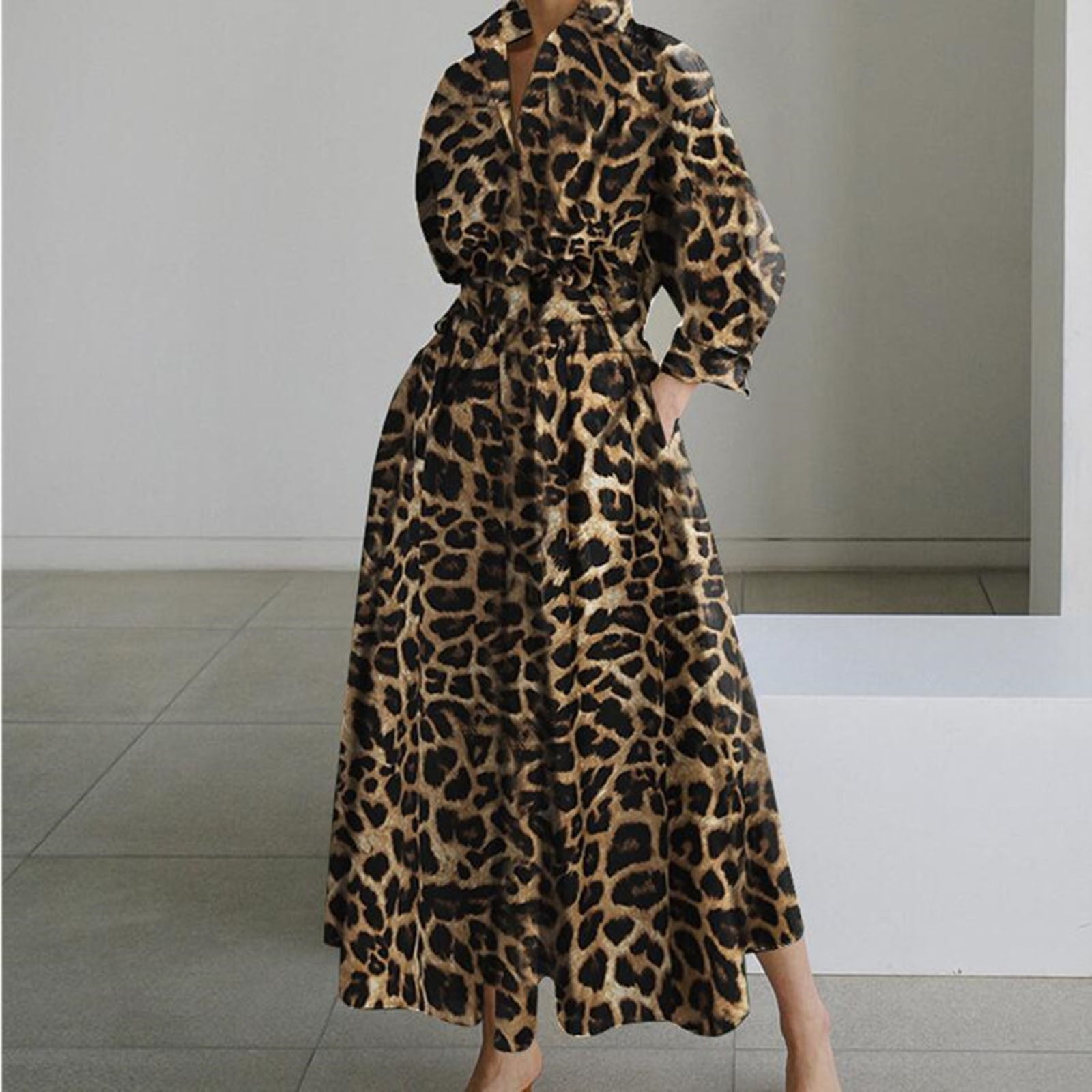Pitauce Dresses for Women Leopard Printed Temperament Lapel Collar Lantern  Long Sleeve Shirt Dress Loose Fit Flowy Hem Formal Dress - Walmart.com