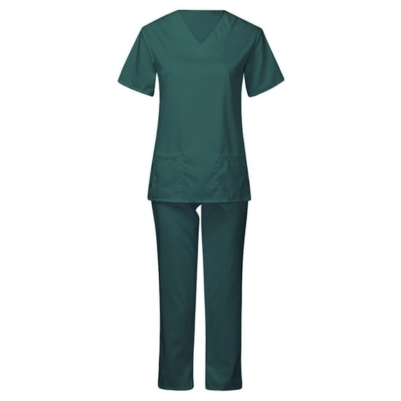Pitauce Nurse Scrubs for Women 2PCS Set Solid Color V-Neck Short Sleeve Tops with Pocket Loose Workwear Nurse Uniform Set