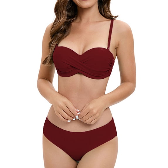 Up to 65% off Plus Size Bathing Suit for Women Solid Color Backless Strap Bikini Swimsuit