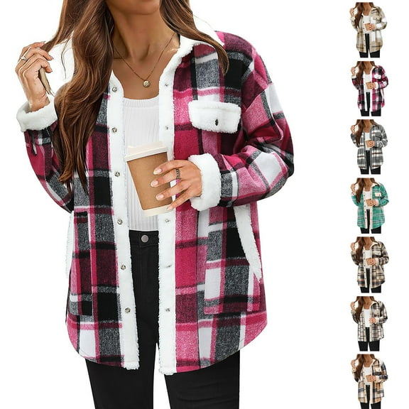 Plus Size Flannel Plaid Jackets for Womens Fashion Flannel Plaid Shirts Pockets Long Sleeve Outwear Coat