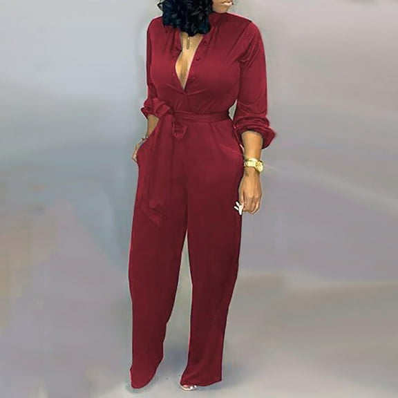 Up to 65% off SEMPAI Womens Fashion Wide Leg Pants Pure Color Long Sleeve Jumpsuit With Belt Valentines Day