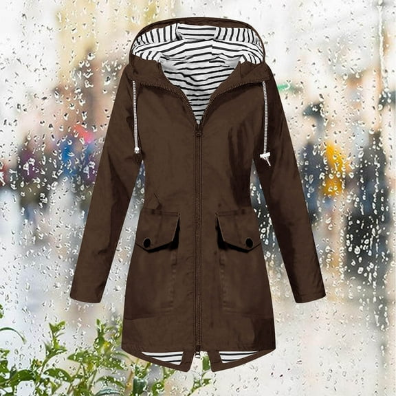 Up to 65% off Sawvnm Women Solid Color Rain Jacket Outdoor Hooded Windproof Loose With Pocket Coat