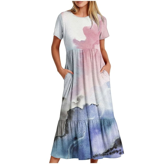 Up to 65% off!Summer Beach Dress for Women 2024 Plus Size Bandhnu Gradient Print Short Sleeve Round-Neck Loose Printed Color Long Dress
