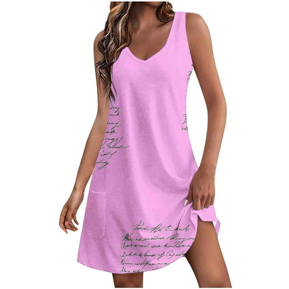 Summer Boho Dresses for Women 2024 Plus Size Comfort Pocket Printing Sleeveless V-Neck Dress