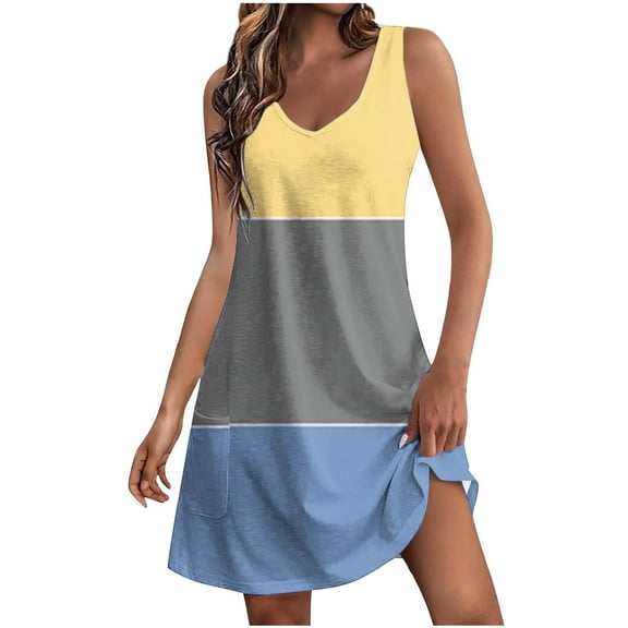 Summer Boho Dresses for Women 2024 Plus Size Comfort Pocket Printing Sleeveless V-Neck Dress