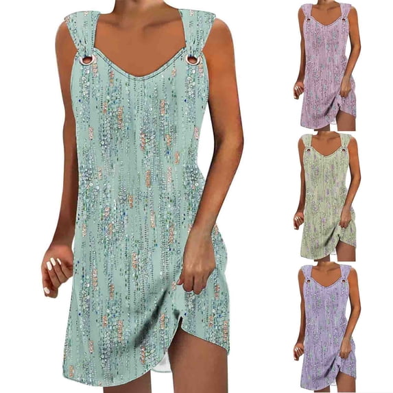 Summer Boho Dresses for Women 2024 Plus Size Comfort Printed Sleeveless V-Neck Dress