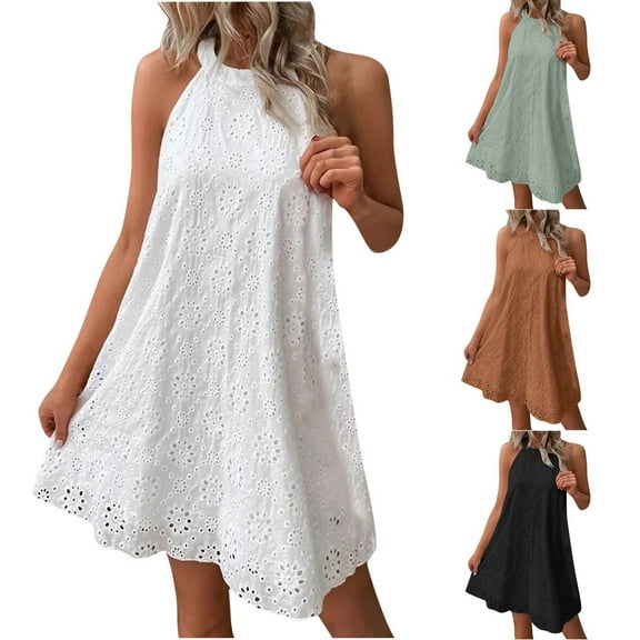 Summer Boho Dresses for Women 2024 Plus Size Embroidery Sleeveless Keyhole Back Neck Aline Dress Casua Solid Skirt