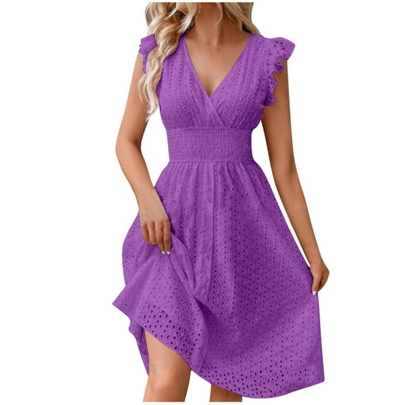 Summer Boho Dresses for Women 2024 Plus Size Lace Hollow Out Sleeveless V-Neck Waist In Dresses