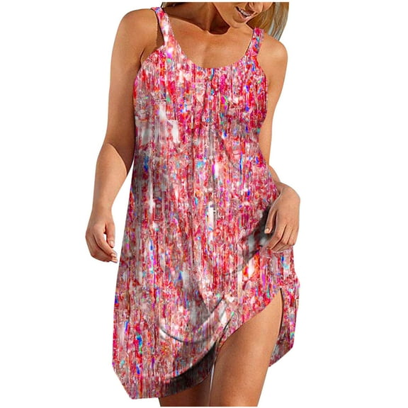 Summer Boho Dresses for Women 2024 Plus Size Printed Round Neck Pleated Vacation Style Dress
