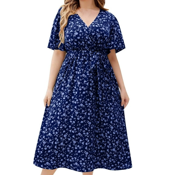 Summer Dresses for Womens 2025 Plus Size Fashion Oversize Casual Short Sleeve V Neck Printed Sleeve Dresses Loose Dress