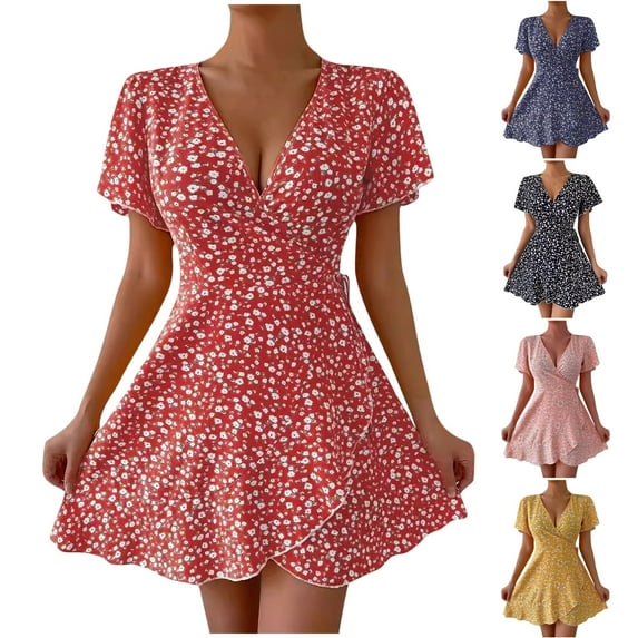Summer Dresses for Womens 2025 Plus Size Fashion Sexy Fragmented Flower Tie Waist Wrapped Short Sleeved V-neck Dress