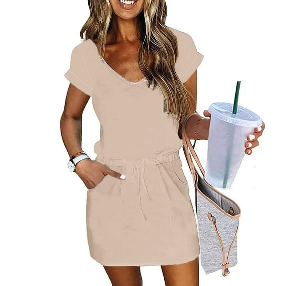 Summer Plus Size Beach Dresses for Womens 2025 Fashion Solid Color V-neck Short Sleeve Draw Rope Elastic Waist Pocket Pullover Dress