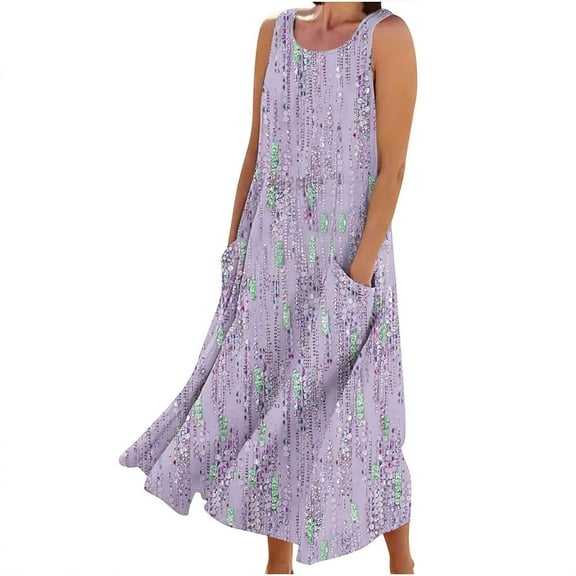 Summer Fashion Beach Dresses for Womens 2025 Plus Size Sleeveless And Linen Round Neck Printed Long Dress