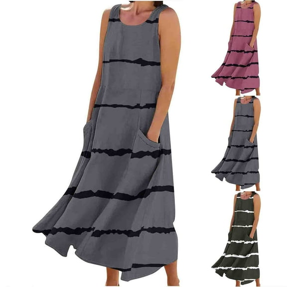 Summer Fashion Beach Dresses for Womens 2025 Plus Size Sleeveless And Linen Round Neck Printed Long Dress
