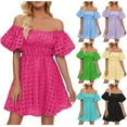 thumbnail image 1 of Summer Fashion Dresses for Women 2024 Plus Size Off The Shoulder Bubble Short Sleeve Pleated High Waist Dress, 1 of 9