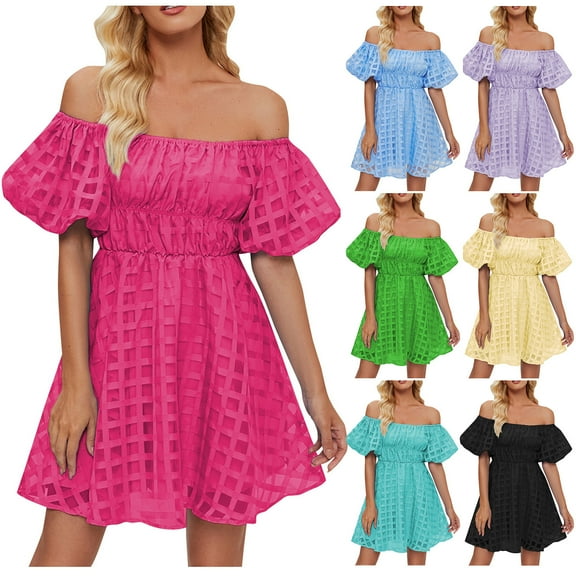 Summer Fashion Dresses for Women 2024 Plus Size Off The Shoulder Bubble Short Sleeve Pleated High Waist Dress