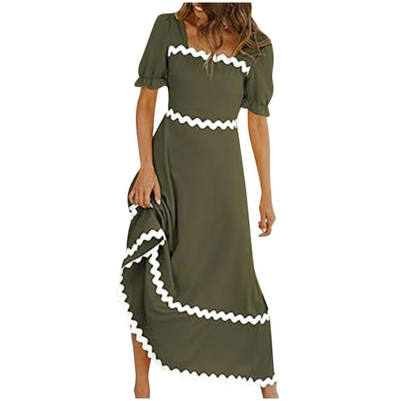 Summer Fashion Dresses for Women 2024 Plus Size Square Neck Short Puff Sleeve Smocked Tie Back Beach Vacation Flowy Long Maxi Dress