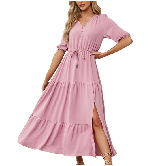 Up to 65% off!Summer Fashion Dresses for Women 2024 Plus Size V-neck Short Sleeve Dress Short Sleeve V-neck Ankle-length Dress