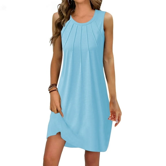 Summer Fashion Dresses for Womens 2025 Oversize Solid Color Sleeveless Round Neck Pleated Dress