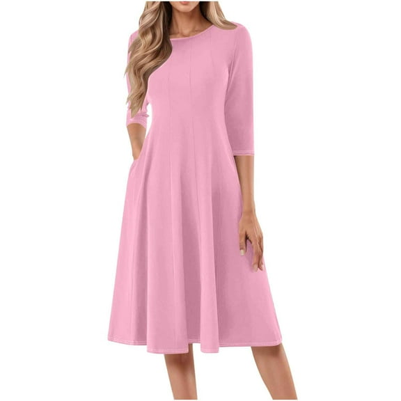 Summer Fashion Dresses for Womens 2025 Plus Size Casual Pleated-cent Sleeve Round-Neck Solid Dress