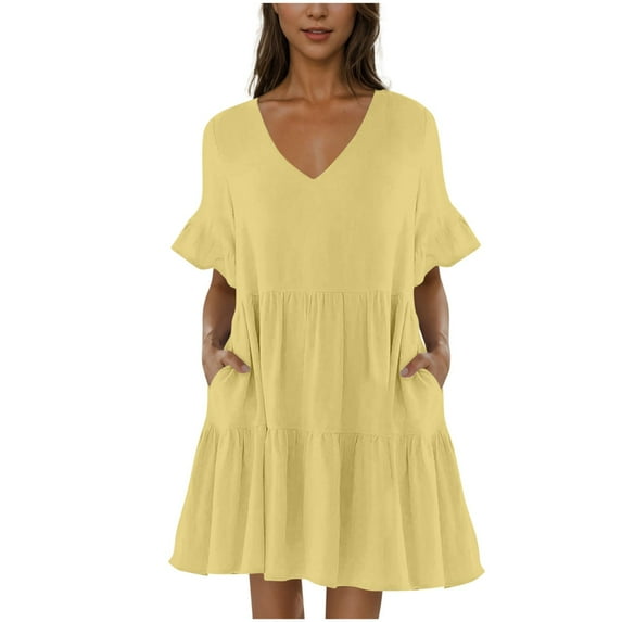Summer Fashion Dresses for Womens 2025 Plus Size Casual Solid Color V-Neck Pullover Short Sleeve Top Short Skirt Dress