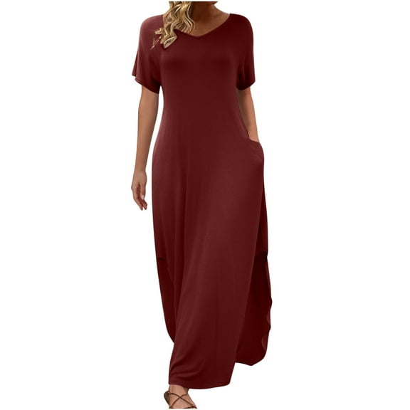 Summer Fashion Dresses for Womens 2025 Plus Size Solid Color able Casual Loose Short Sleeved V-neck Long Skirt Dress With Dress