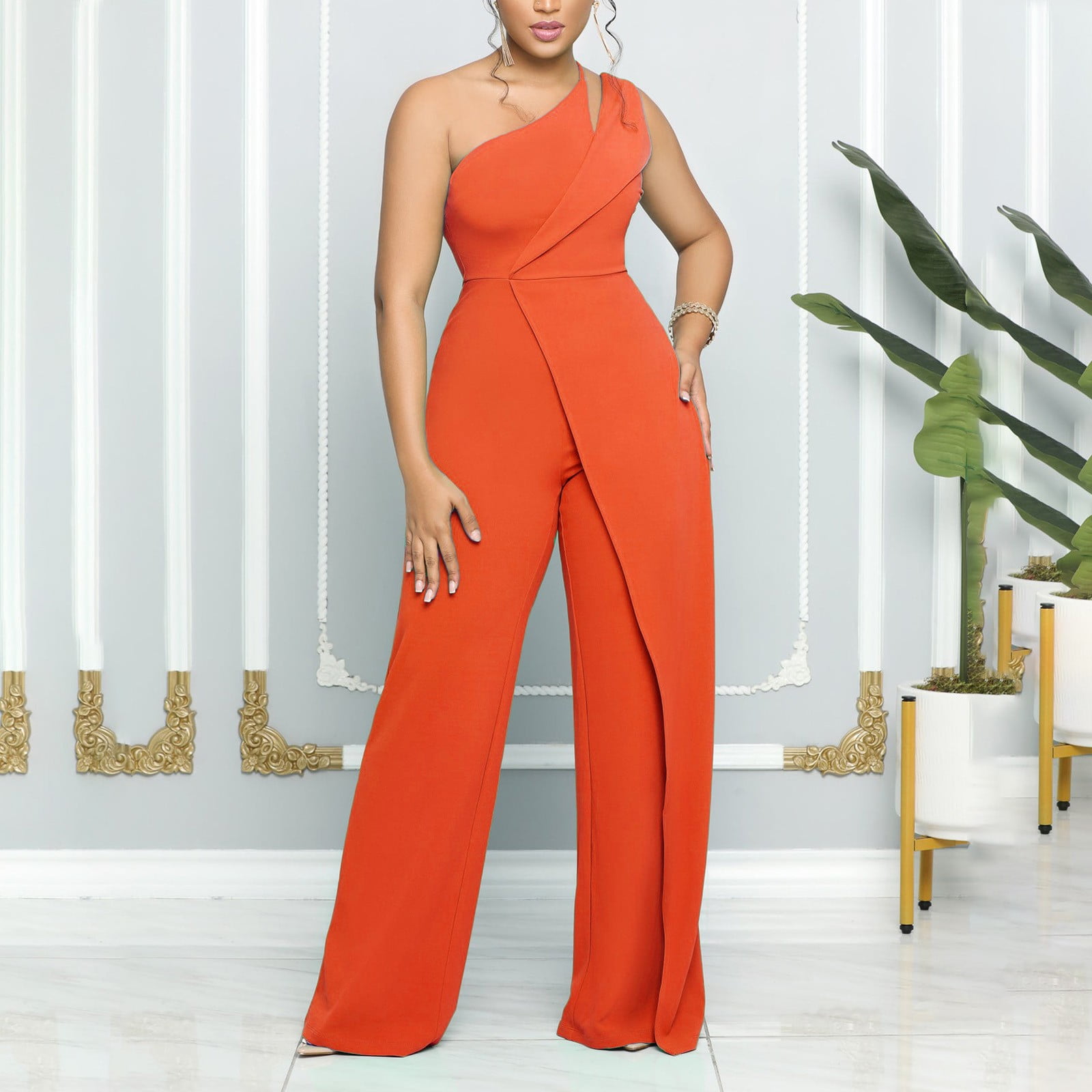 Fashion Solid Zipper One Shoulder Straight Jumpsuits Fashion Solid Zipper One Shoulder Straight Jumpsuits