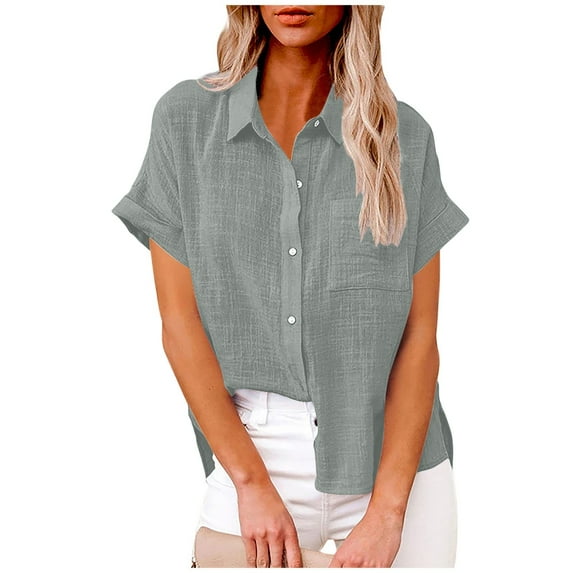 Summer Fashion Oversized Shirt for Womens 2025 Solid Color Button Shirts V Neck Loose Blouse Short Sleeve Casual Work Tunic With Pocket