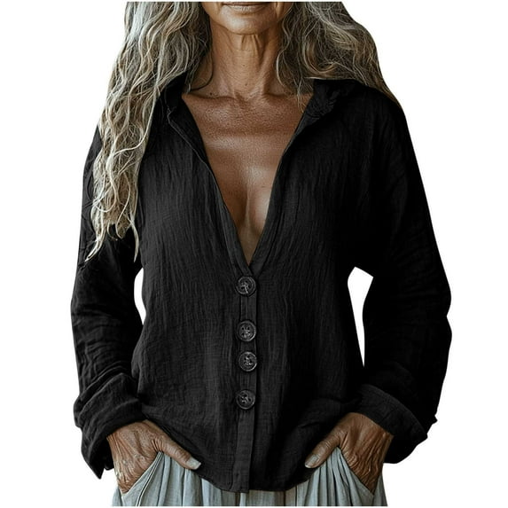 Summer Fashion Oversized Shirt for Womens 2025 V-Neck Long Sleeve Loose Button Imitation Cotton And Linen Tunic Hooded Shirt Blouse