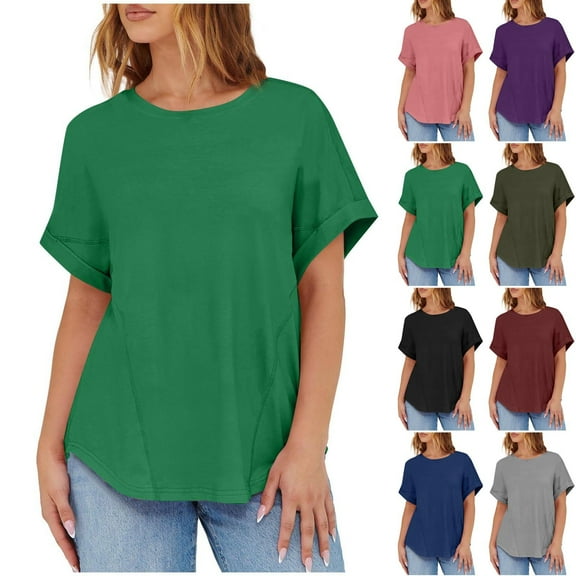 Summer Fashion Shirts for Womens 2025 Oversize Casual Solid Color Round Neck Loose Short Sleeve T-shirt Top Blouses