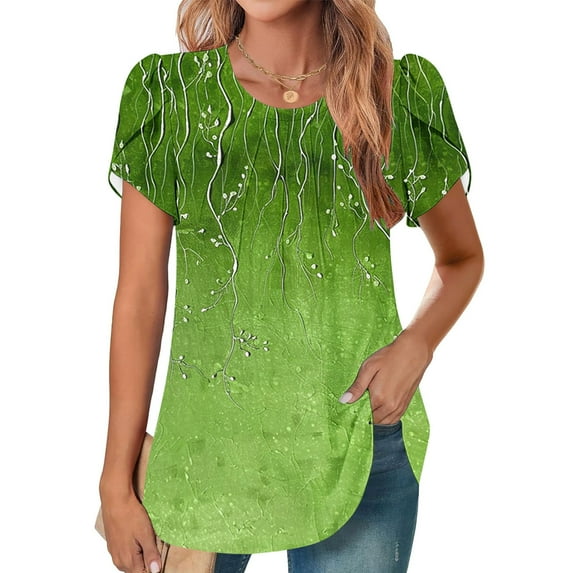 Summer Fashion Shirts for Womens 2025 Oversize Short Sleeve Round Neck Cover Casual Pleated Tunic Top Curved Hem Printed Top