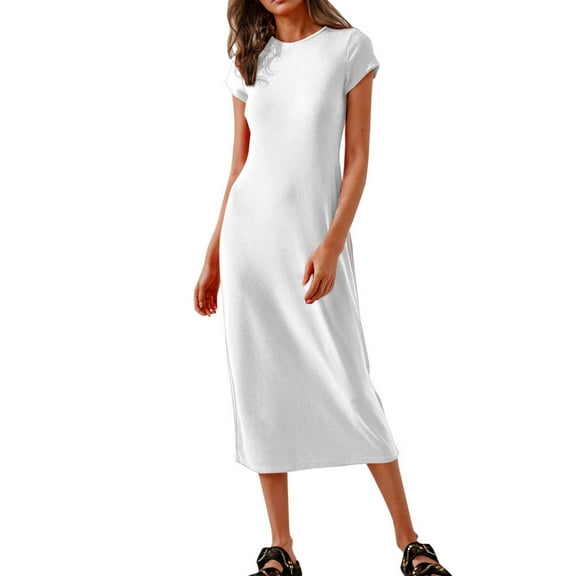Summer Oversize Beach Dresses for Womens 2025 Fashion Casual Round Neck Solid Color Long DressShort Sleeve Round-Neck Dress