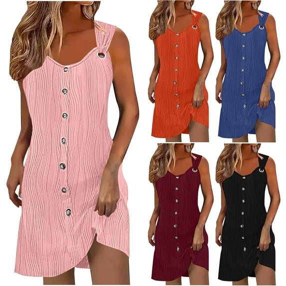 Summer Oversize Beach Dresses for Womens 2025 Fashion Casual Solid Color Sleeveless Button V-Neck Dress