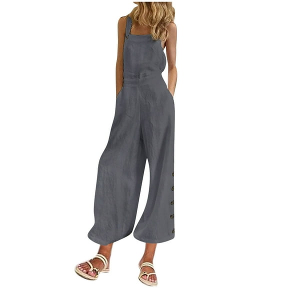 Summer Plus Size Jumpsuits for Women Tummy Control Fashion Casual Solid Color Pocket Side Buckle Loose Wide Leg Jumpsuit