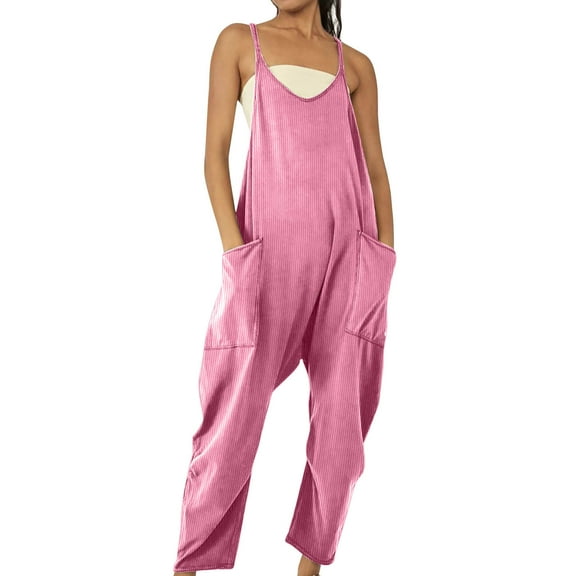 Up to 65% off!Summer Plus Size Jumpsuits for Women Tummy Control Fashion Elastic Waist Solid Color Casual With Pockets Outing Long Pants Jumpsuit