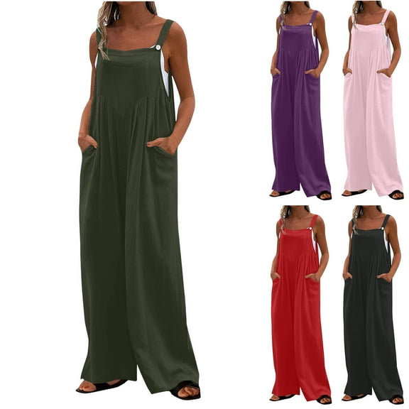 Summer Plus Size Jumpsuits for Women Tummy Control Fashion Printed Jumpsuit Casual Button Pocket Sleeveless Wide Leg Trousers
